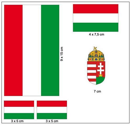 Magyar zászló és koronás címer öntapadó matrica készlet 5 darabos, kültéri, műanyag