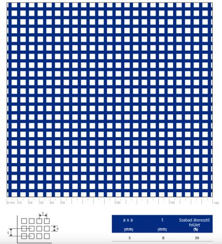 Perforált lemez rozsdamentes acél 1000x2000x1,5 mm tábla 5x5 mm lyuk hálós osztással saválló inox