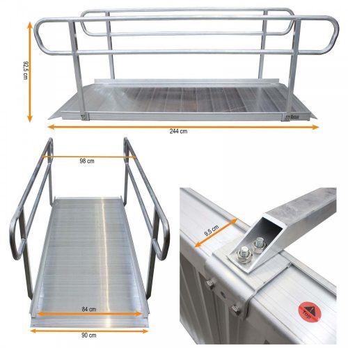 Széles rámpa levehető kapaszkodóval kerekesszék rámpa, rakodó rámpa 450 kg teherbírás 244x98x92,5 cm