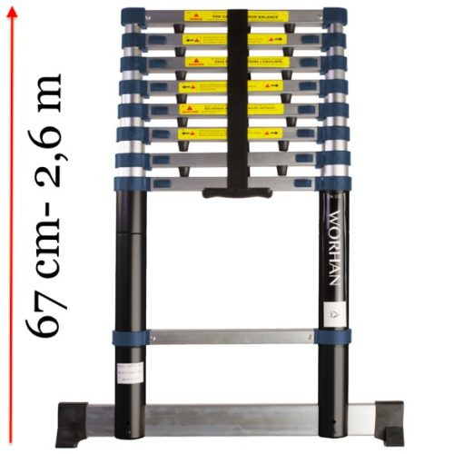 Teleszkópos alumínium létra 2,6 m-es kivitelben, 67 cm-re összecsukható. Biztonsági talppal ellátva.