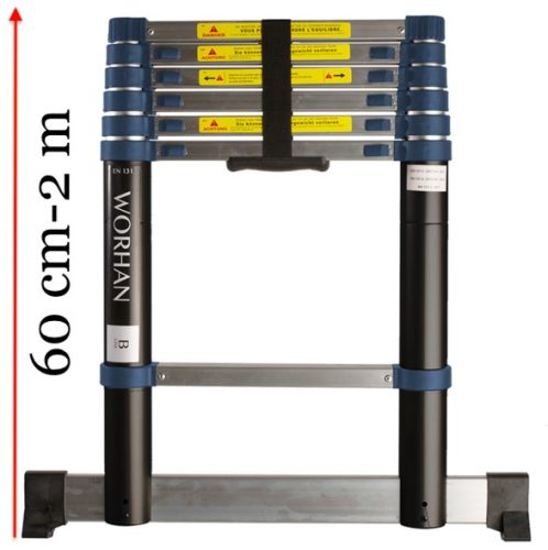 Teleszkópos alumínium létra 2 m -es kivitelben, 60 cm-re összecsukható. Biztonsági talppal 